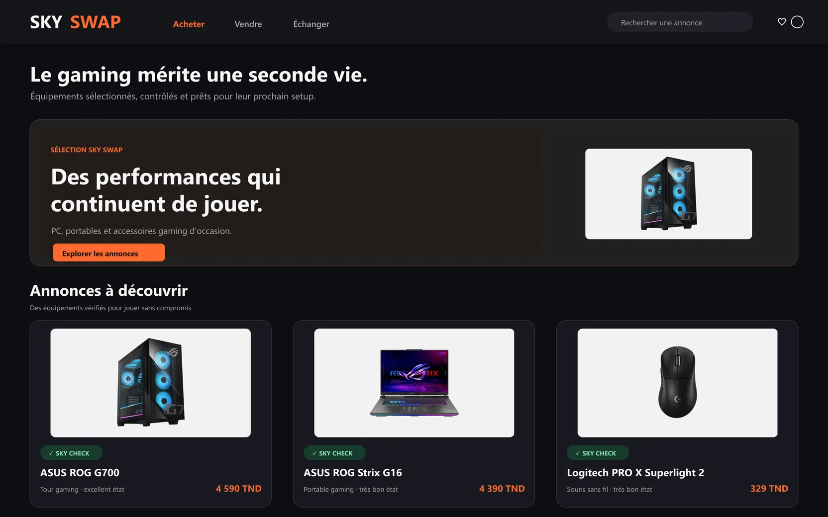 SkySwap interface mockup: marketplace home