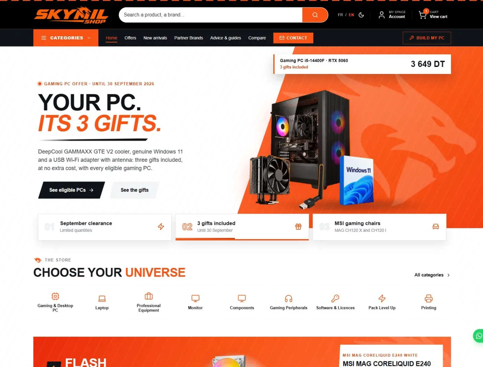 Skymil Shop homepage with the current gaming PC offer, product search and store categories
