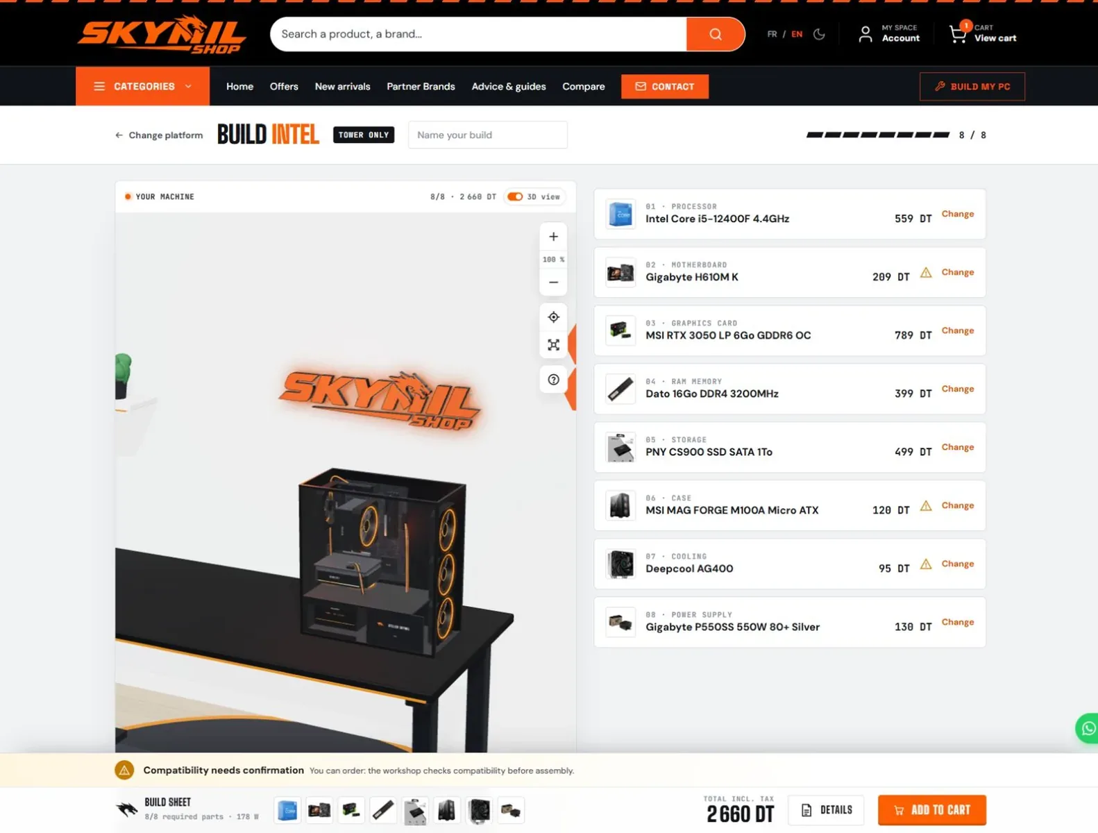 Skymil Shop PC configurator: a 3D view of the build, the eight selected components and the instant quote