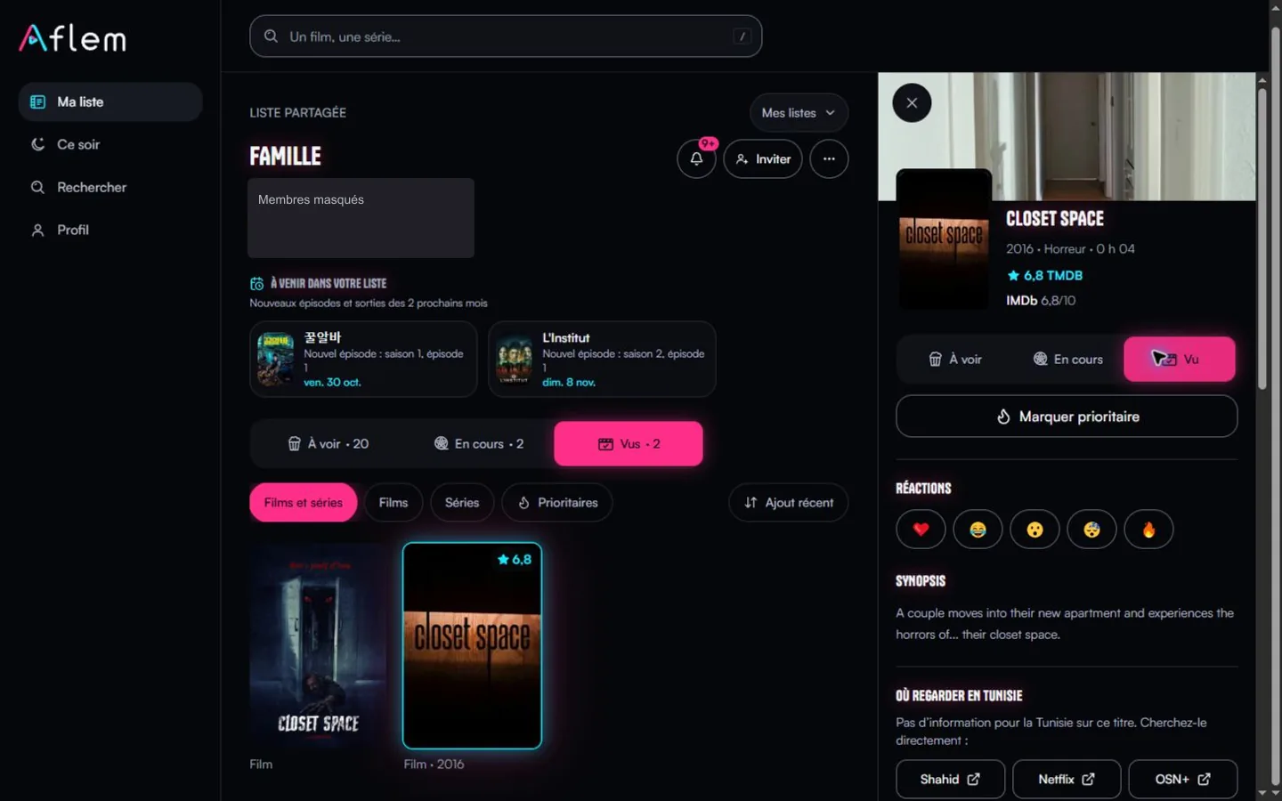 An Aflem film card: poster, public ratings, reactions, synopsis and where to watch it in Tunisia (family members hidden)