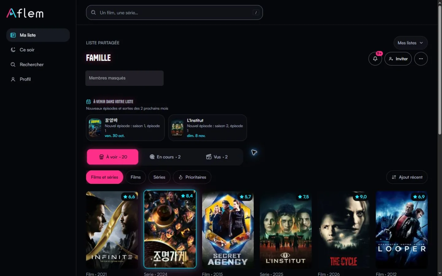 Aflem shared family list: upcoming episodes, filters and the posters of the films and series to watch (family members hidden)